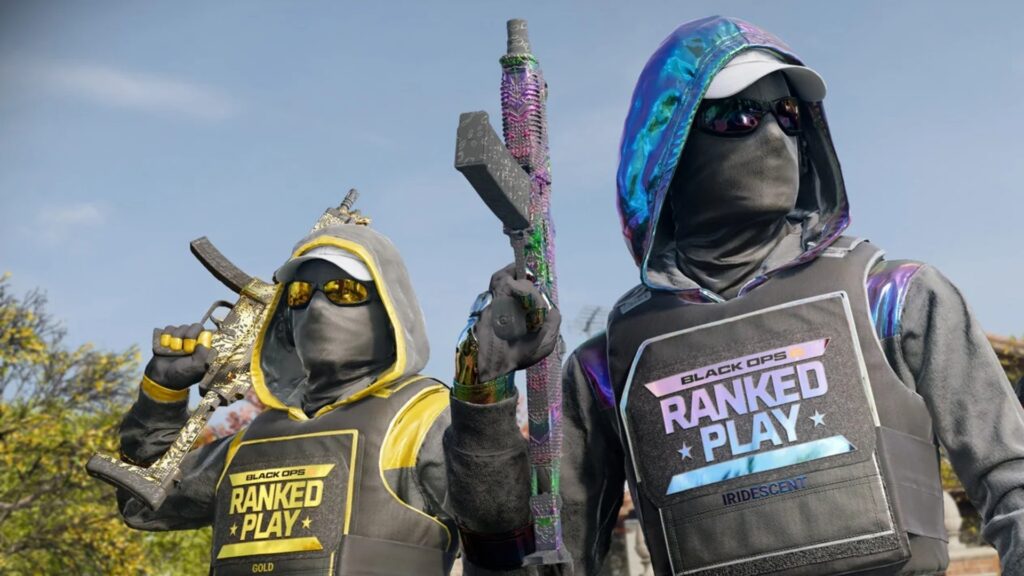 Image of Call of Duty: Black Ops 6 players pointing weapons upwards. The players are wearing gold and iridescent operator skins