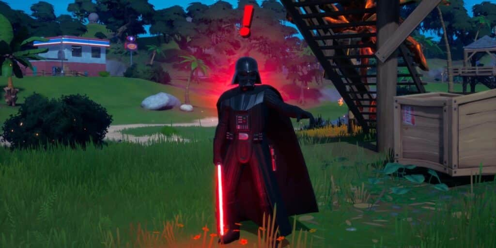 Darth Vader with a red lightsaber and alert icon in Fortnite jungle area.