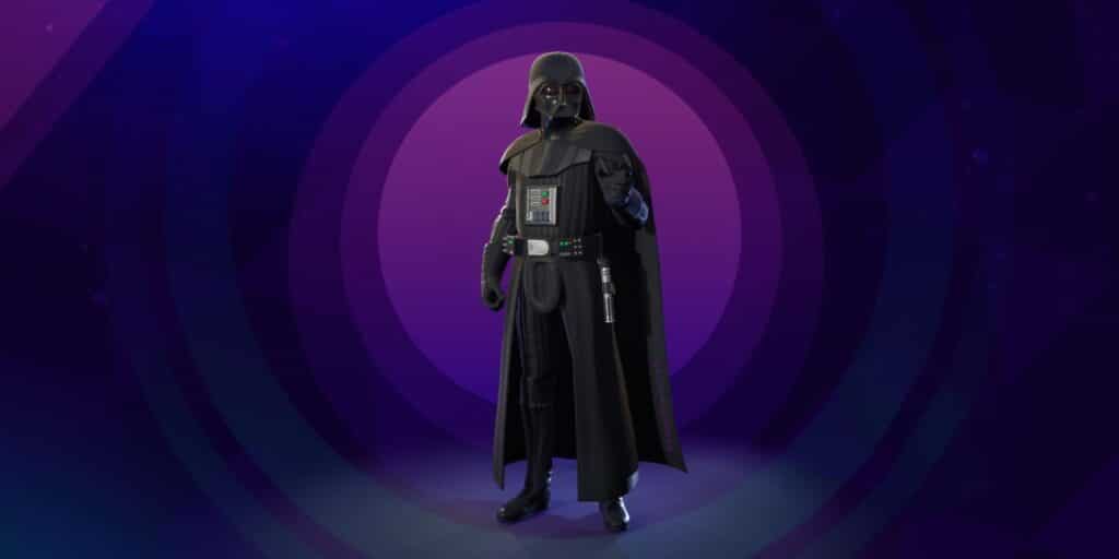 Darth Vader Fortnite skin on a purple circular background.