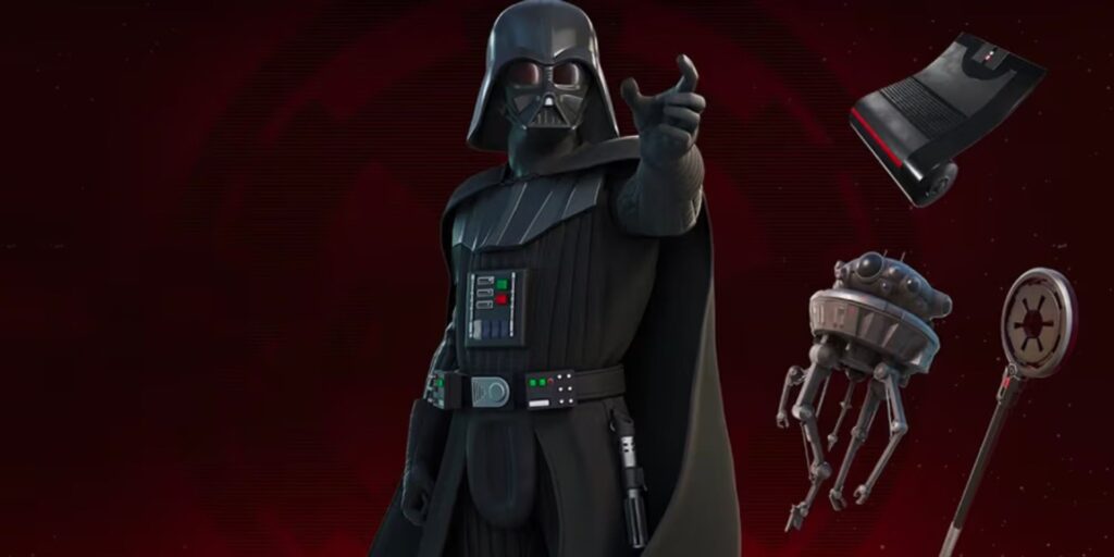 Darth Vader Fortnite skin with themed accessories on a red background.