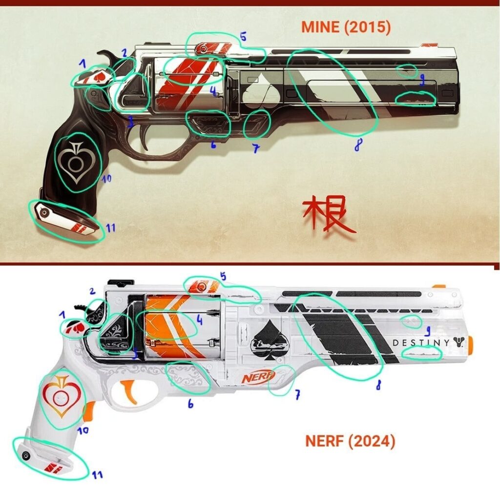 Visual comparison between a 2015 fan-made gun design and the official 2024 Destiny Nerf blaster, highlighting at least 11 nearly identical design elements including color stripes, patterns, icons, and structural details.