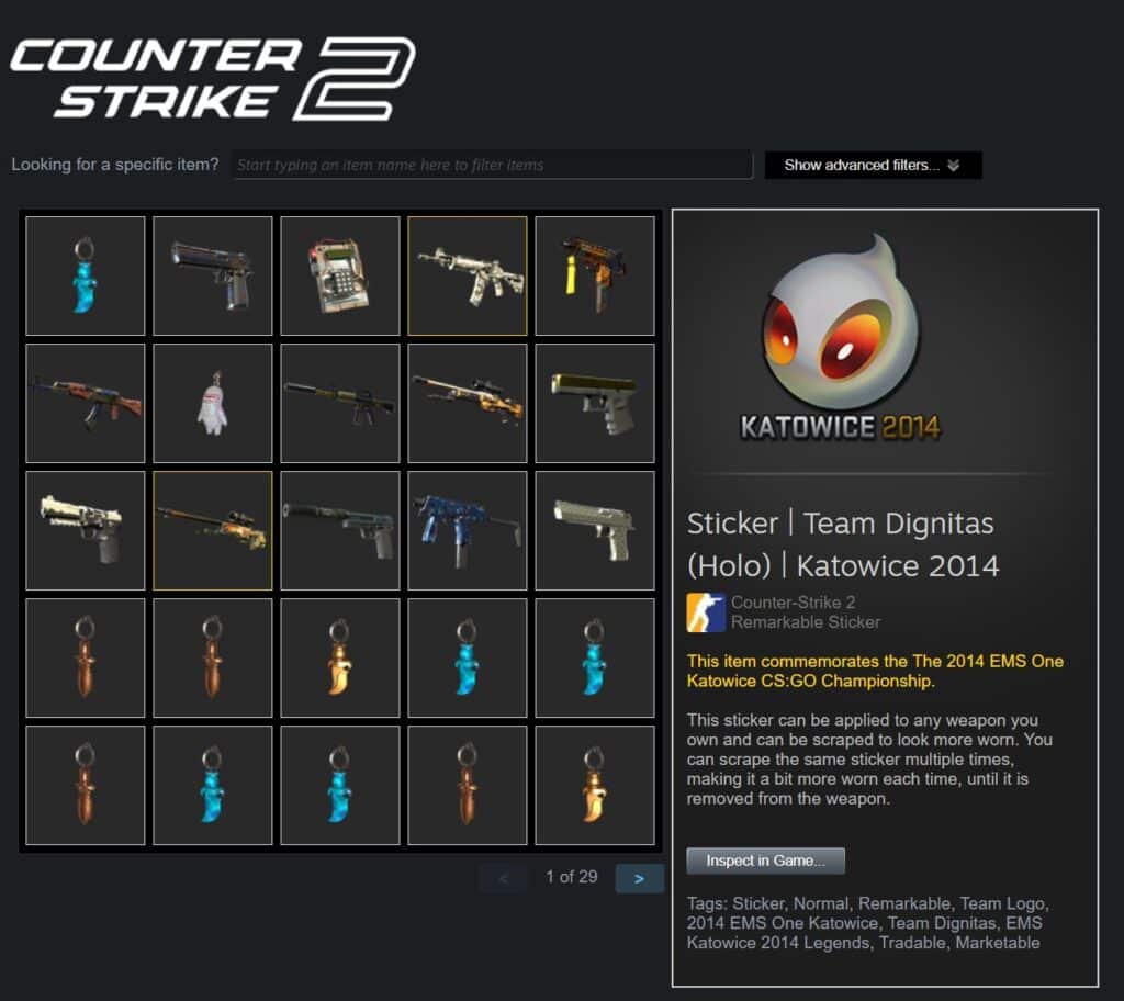 A digital inventory display showcasing various weapon skins and a Team Dignitas sticker from the Katowice 2014 CS:GO Championship.