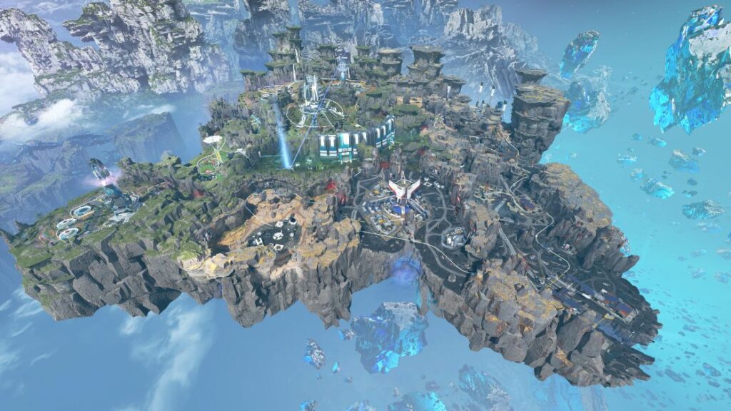Overhead view of the Broken Moon map in Apex Legends, featuring floating rocky terrain, futuristic buildings, ziplines, and glowing blue energy crystals suspended in the sky.