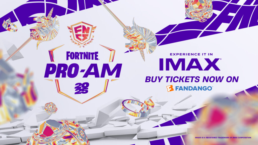 Image of Fortnite Pro-Am 2025 and IMAX logos on a light grey and purple background. Chrome Fortnite llamas are in the foreground.
