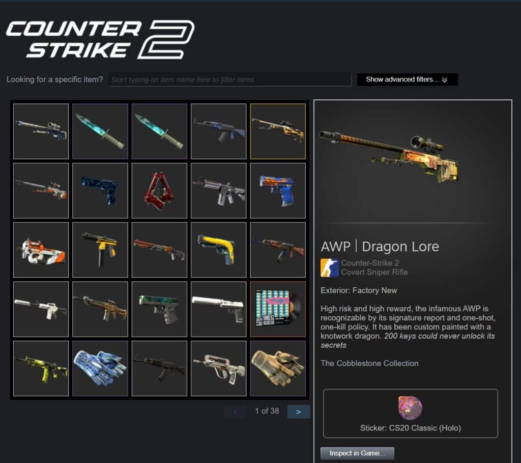 Inventory screen of Counter-Strike 2 showcasing various weapon skins, featuring the AWP Dragon Lore with detailed description.