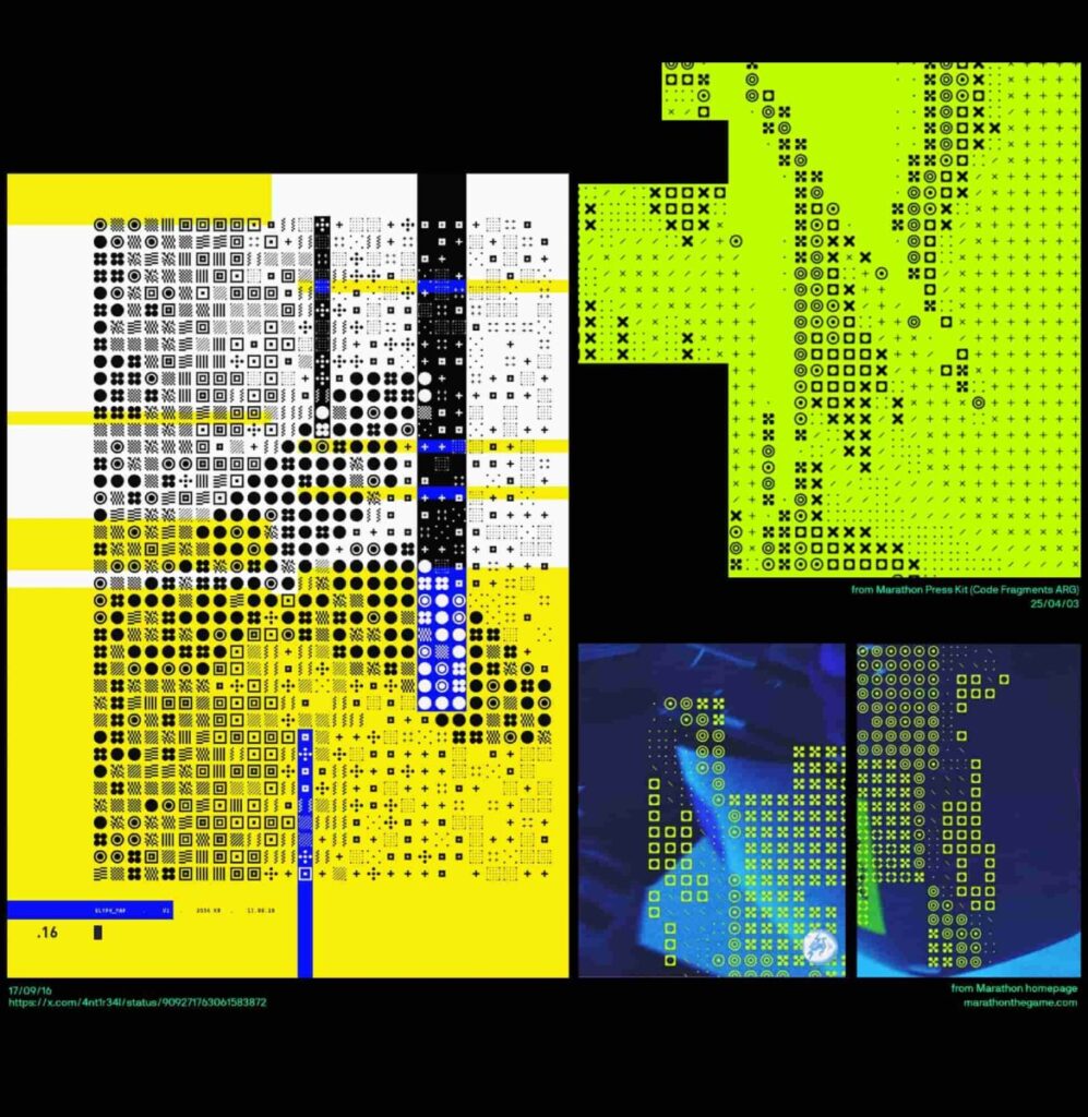 Side-by-side comparison showing reused icon patterns from ANTIREAL’s 2016 artwork in Bungie’s Marathon press kit and in-game footage, highlighting near-identical symbol grids and layouts.