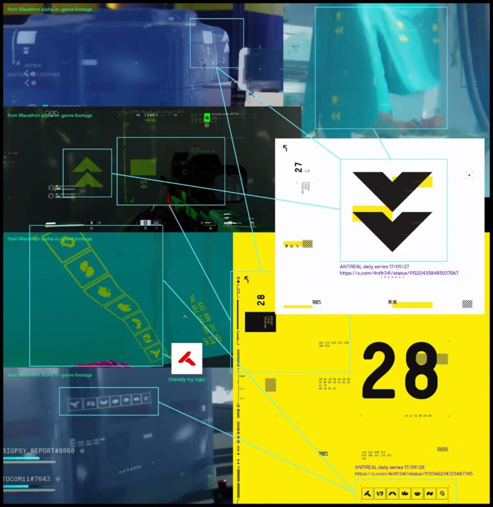 Collage comparing ANTIREAL’s 2017 graphic design work with in-game assets from Bungie’s Marathon alpha, showing direct visual matches in icons, arrows, logos, and layout elements, including one labeled “literally my logo.”