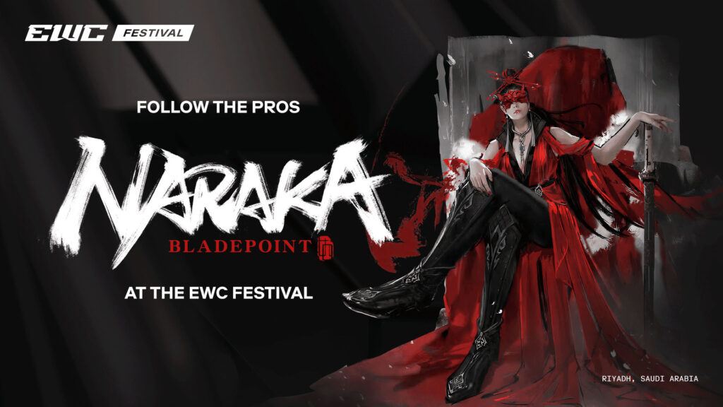 Image of Naraka Bladepoint logo below Esports World Cup logo. A character from Naraka Bladepoint is posing while sitting on a chair on the right-hand side