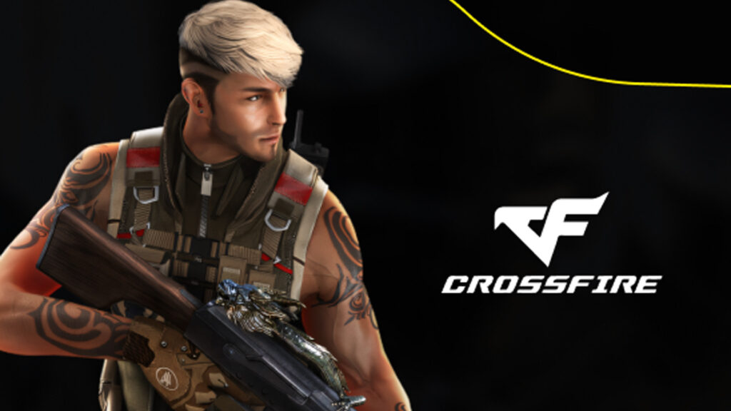 Image of CrossFire character holding assault rifle next to CrossFire logo on a black and yellow background