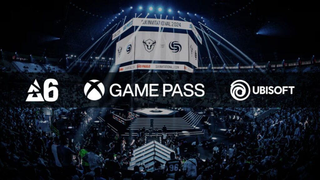 Image of Rainbow Six esports, Xbox Game Pass, and Ubisoft logo on a background showing the stage from the 2024 Six Invitational