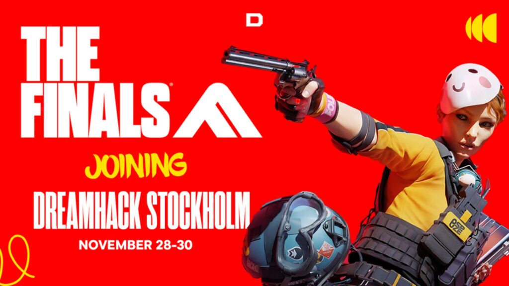 Image of The Finals player posing with revolver next to The Finals logo and white text on a red background