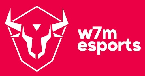 Logo of w7m esports featuring a stylized white bull head inside a red shield, with the text 'w7m esports' in bold white letters on a red background.