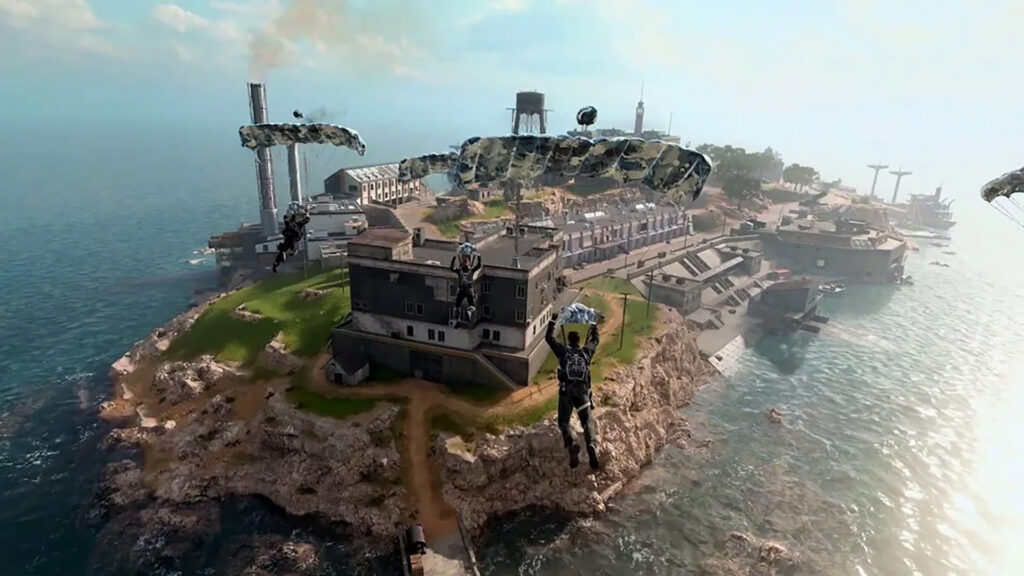 Image of Warzone players parachuting onto Rebirth Island map
