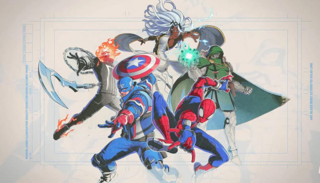 Marvel superheroes, including Captain America, Spider-Man, and Storm, pose in dynamic action with vivid powers and iconic costumes.