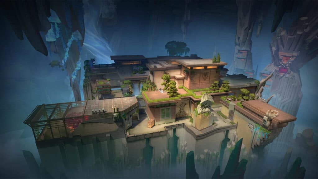 A futuristic, elevated architectural landscape of an Abyss map of VALORANT surrounded by mist, featuring greenery, modern buildings, and rocky cliffs.