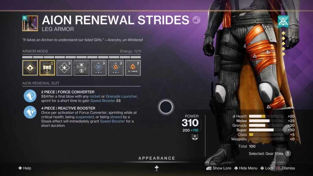 Destiny 2 gear screen showing the Aion Renewal Strides leg armor with mod slots, perks, and armor stats
