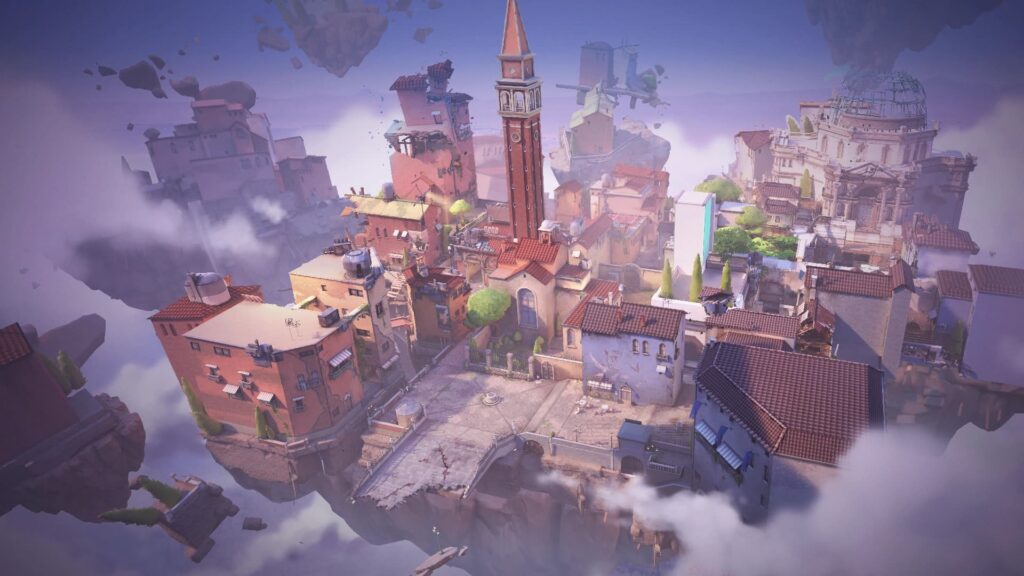 Aerial view of a vibrant, fantastical city of an Ascent map of VALORANT with colorful buildings, a tall clock tower, and floating landmasses amidst soft clouds.