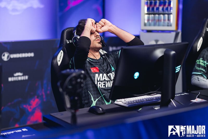 Aurora Gaming Counter-Strike player holding head in hands at BLAST Austin Major