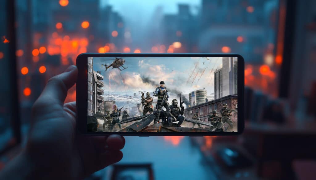 A hand holds a smartphone displaying a dynamic war scene with soldiers from Call of Duty game against a blurred urban background.