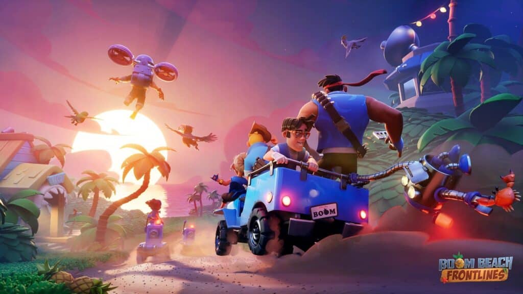 Colorful promotional artwork for Boom Beach: Frontlines featuring cartoon-style characters riding a jeep through a tropical island at sunset, with flying drones and palm trees in the background.