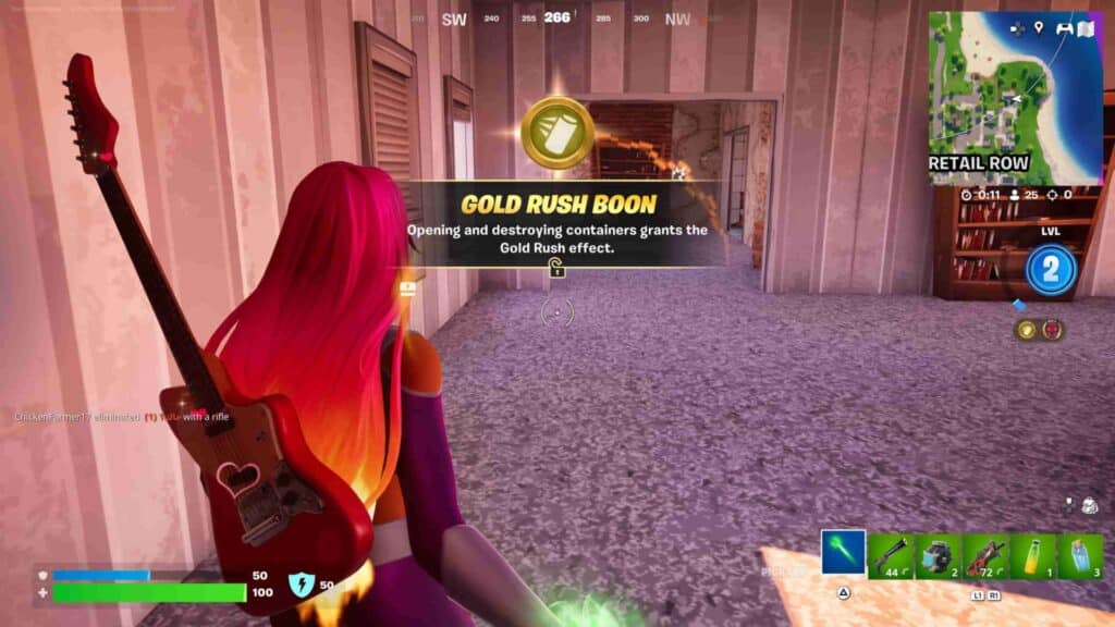 Fortnite gameplay showing a female character with pink hair unlocking the "Gold Rush Boon" in Retail Row, which grants bonuses for opening or destroying containers