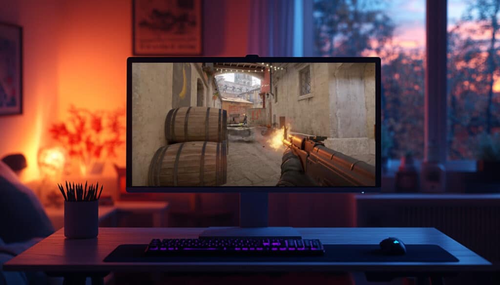 A CS2 player fires an AK-47 at enemies on Inferno, as seen on a gaming monitor in a dimly lit setup - illustrating pro-level gameplay with optimal crosshair settings.