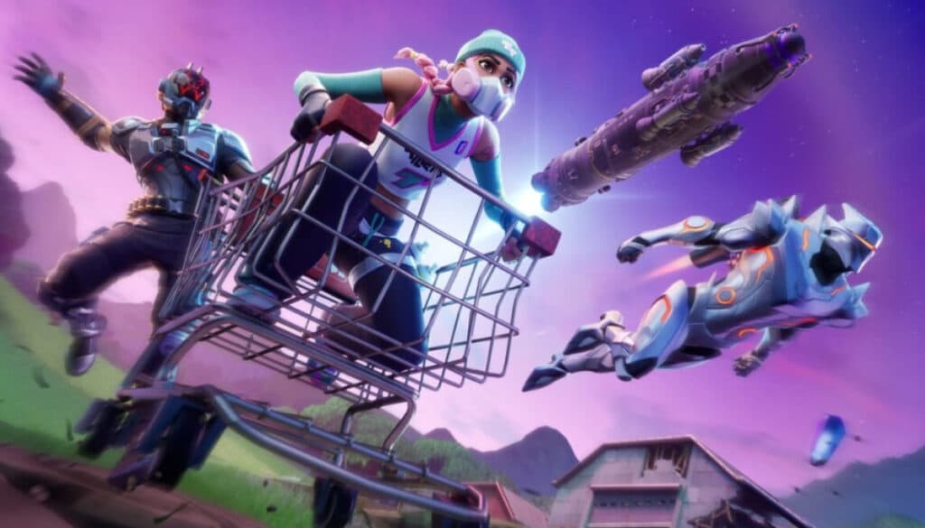 Fortnite characters racing in a shopping cart with a spaceship flying overhead in a vibrant, purple sky