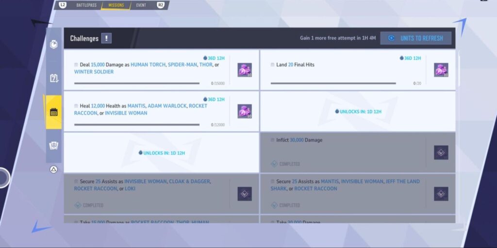 A mission screen showing various challenges, including damage and healing requirements for Marvel characters in a game.