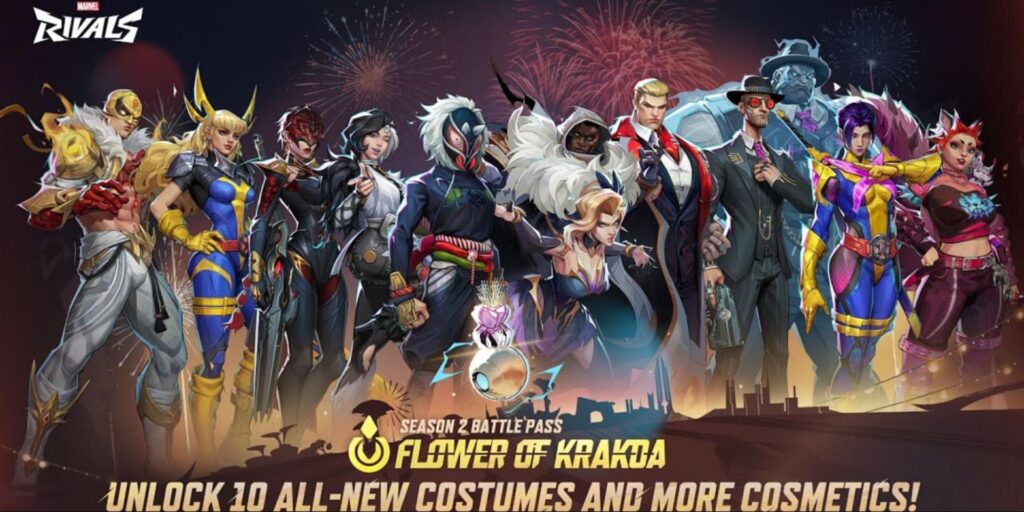 A lineup of diverse superheroes showcasing new costumes against a festive background with fireworks, promoting the Season 2 Battle Pass.
