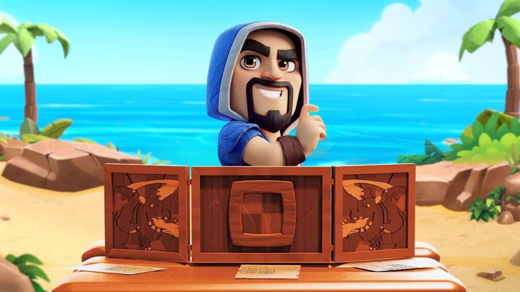 A character in a blue outfit stands behind a wooden game display with dragon engravings, set against a tropical beach backdrop.