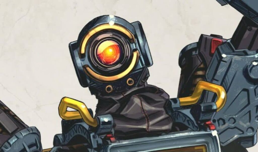 Close-up of Pathfinder, the robot character from Apex Legends, featuring his signature round eye and mechanical arms