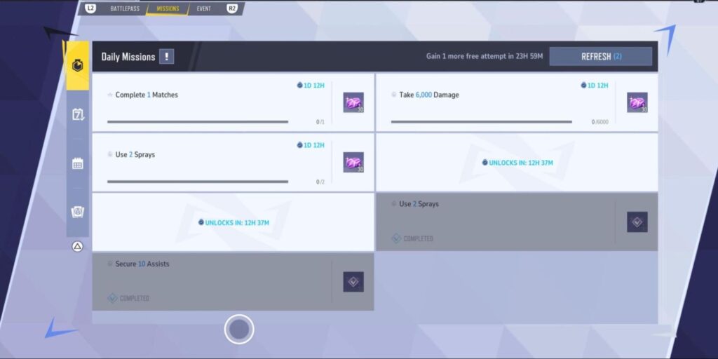 Daily missions screen displaying tasks: completing matches, using sprays, inflicting damage, and securing assists in a game interface.