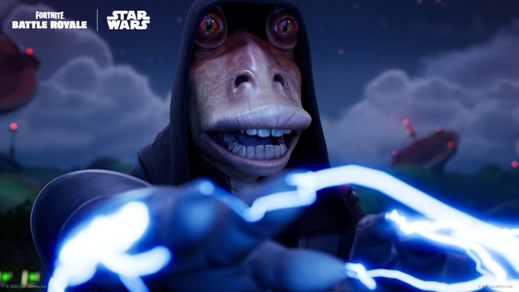 Darth Jar Jar using Force lightning power during the Fortnite x Star Wars event.