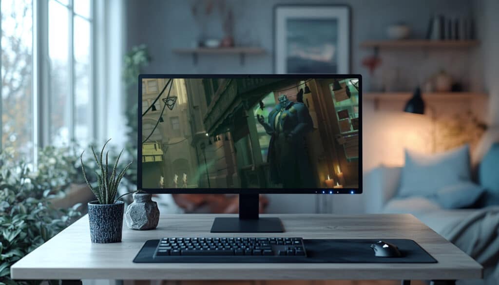 Computer monitor on a desk displaying Deadlock gameplay, featuring Abrams standing in a dark city alley near a candlelit storefront