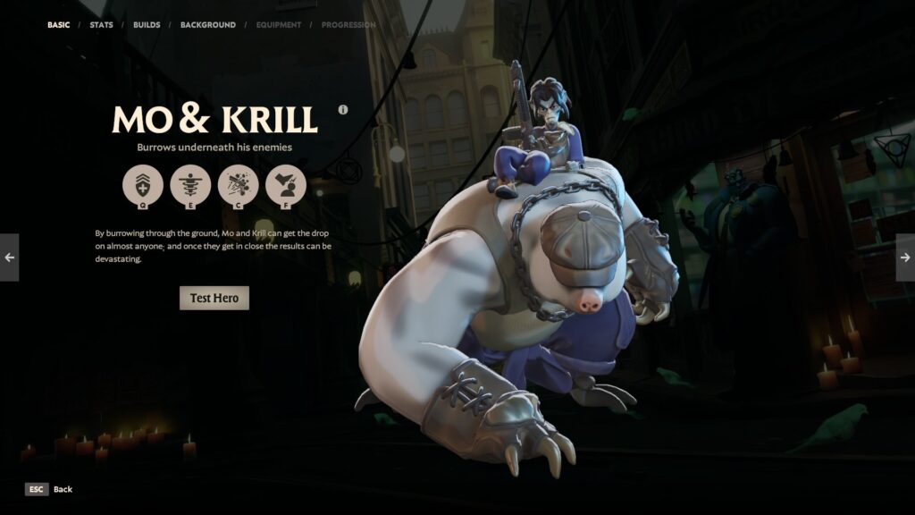 Deadlock heroes Mo & Krill, with Krill riding on Mo's back, shown in a dark city alley on the hero selection screen