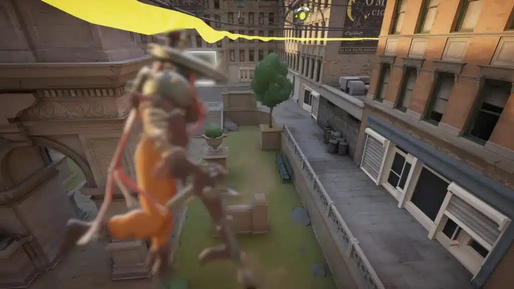 Deadlock hero riding a yellow zipline above an alleyway between city buildings