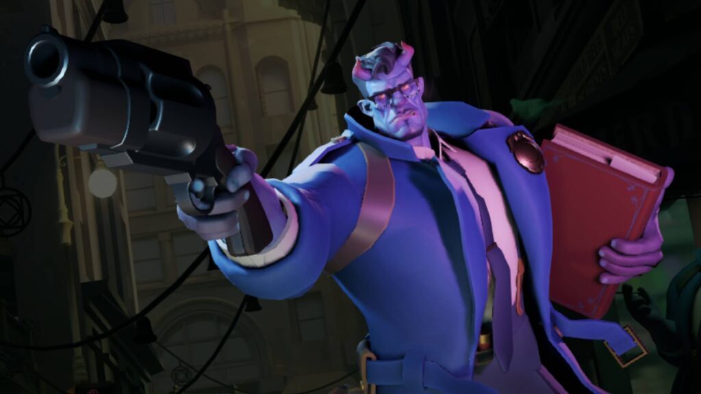 A muscular, blue-skinned character from Deadlock in a stylish coat points a gun forward, holding a red book in his other hand, set against a dark urban backdrop.