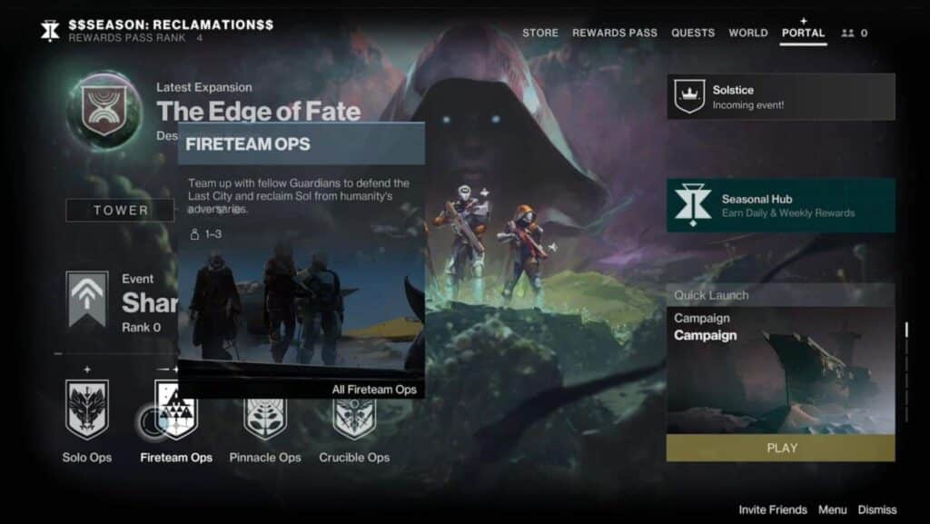 Destiny 2 in-game portal menu showing the Edge of Fate expansion with Fireteam Ops highlighted and a cloaked figure in the background
