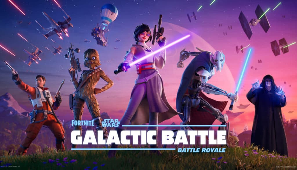 A group of iconic Star Wars characters in a Fortnite setting, featuring a Chewbacca-like creature, a droid, and a lightsaber-wielding hero.