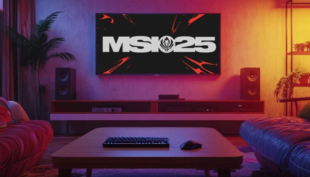 MSI 2025 logo displayed on a television screen in a dimly lit gaming room with ambient red and purple lighting