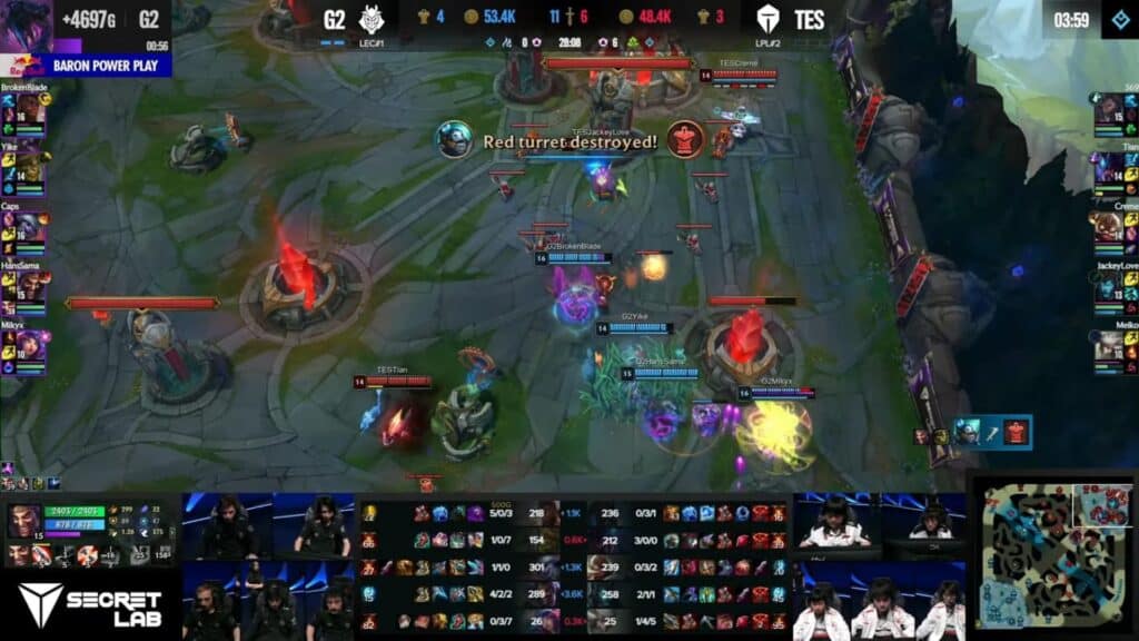 A vibrant esports scene showing G2 gaming against TES, with stats and gameplay updates visible on the screen and players focused on action.