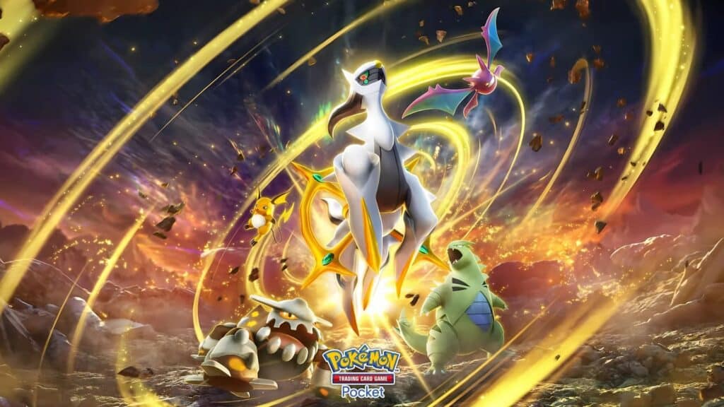 A group of Pokémon, including Arceus, Raichu, and Tyranitar, is showcased amidst dynamic energy effects and a dramatic background.