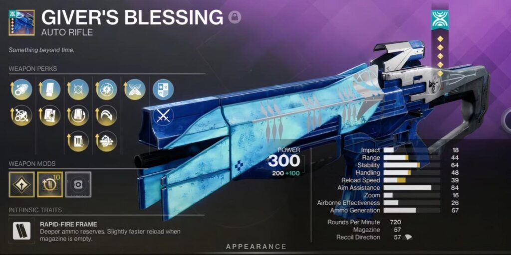 Destiny 2 weapon screen showing the Giver's Blessing Auto Rifle with its stats, perks, mods, and a blue futuristic design
