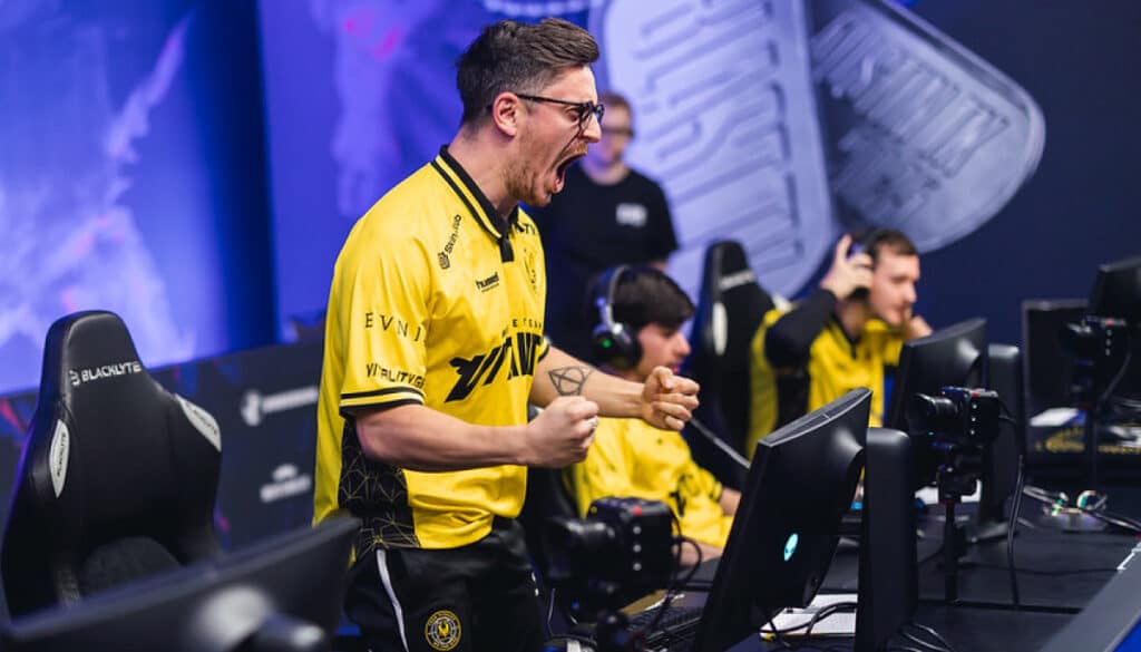 Team Vitality captain apEX celebrates during a group stage match at the BLAST.tv Austin Major 2025