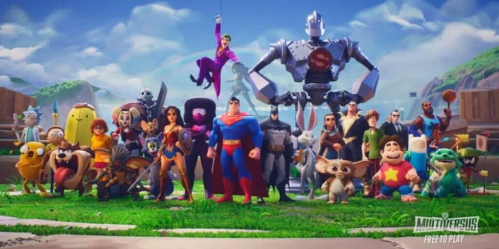 Lineup of MultiVersus characters including Superman, Wonder Woman, Bugs Bunny, Arya Stark, Harley Quinn, Shaggy, Finn, and others from the Warner Bros. universe