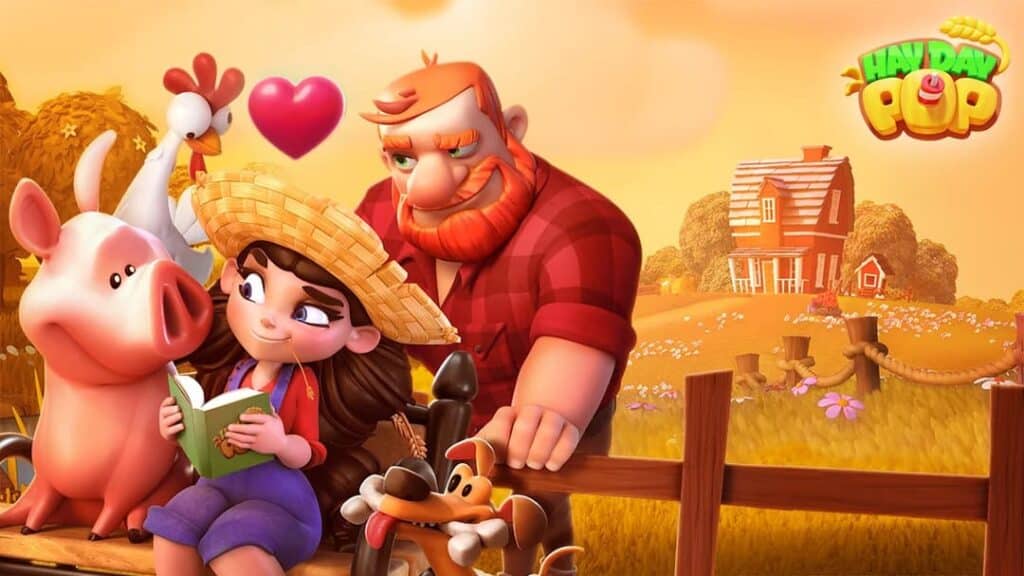 A girl in a straw hat reads to a pig while a friendly farmer and animals surround her, set against a sunny farm backdrop.