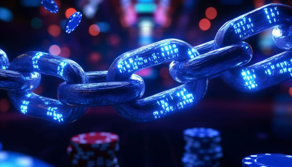 A glowing blue chain links highlighted in a vibrant casino setting, with poker chips scattered below and colorful bokeh in the background.