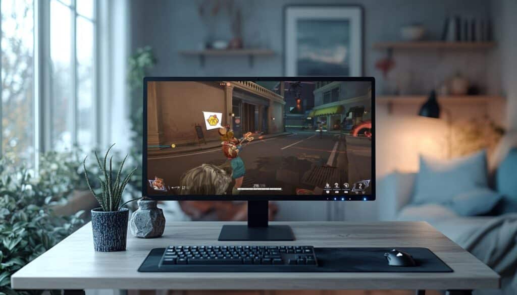 Marvel Rivals gameplay displayed on a desktop monitor in a cozy home office, showing a character using a heart emoji in-game