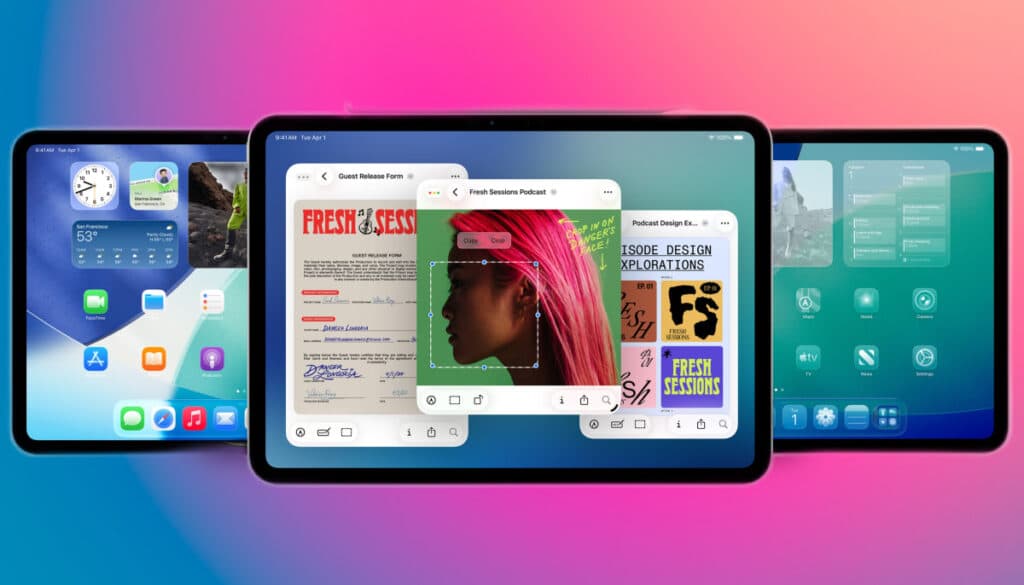 Three iPads showing multitasking and apps in iPadOS 26, set against a pink and blue gradient background