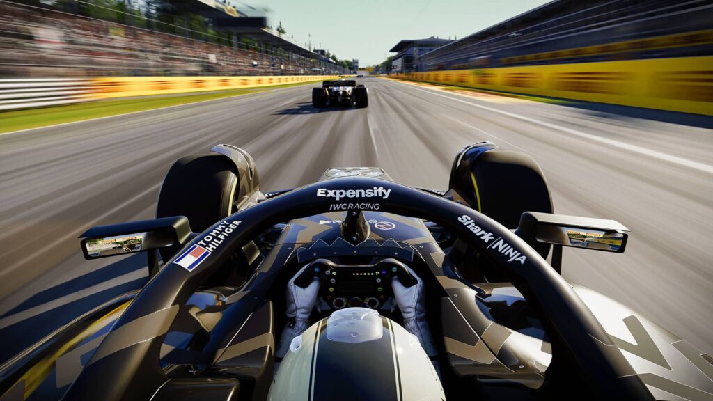 First-person view from inside an F1 car racing down a track in EA Sports F1 25